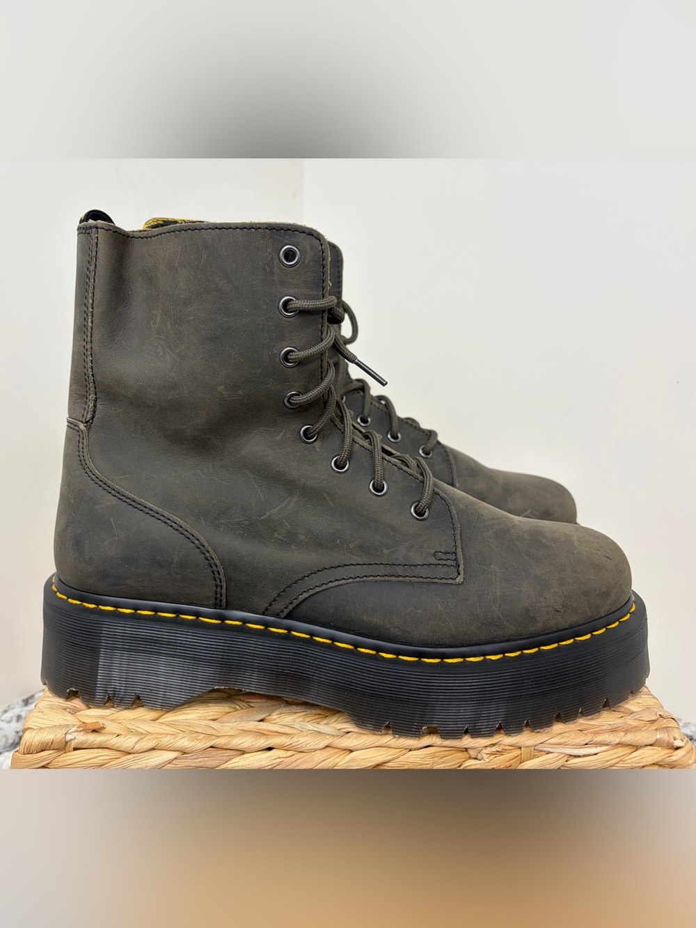 Dr. Martens Black Leather Platform Lace-Up Boots with Yellow Welt